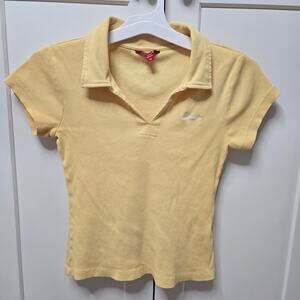 Guess Los Angeles Ribbed Polo Baby Tee Yellow Fitted Y2K Short Sleeve Top Size M